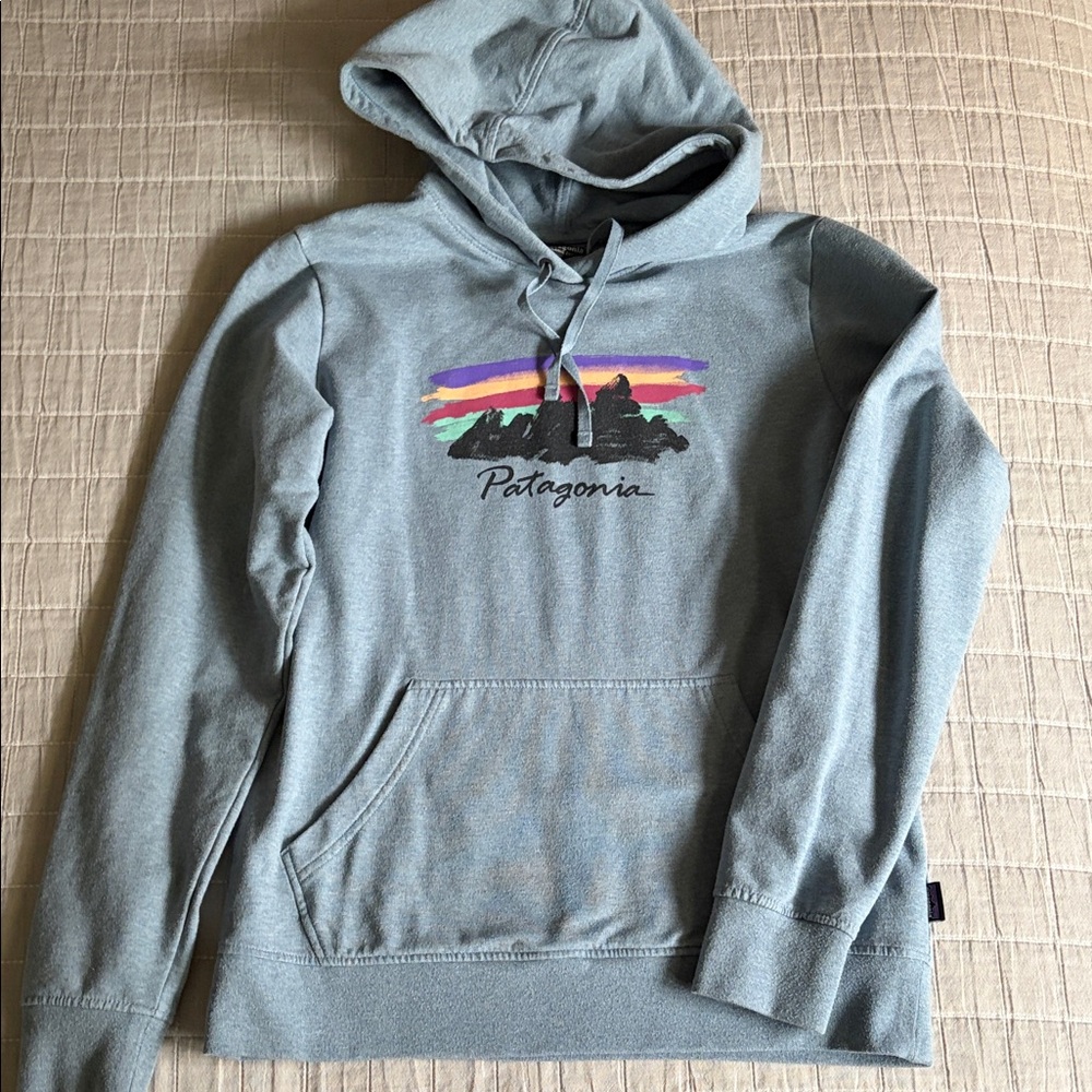 Patagonia Women’s Light Blue Pullover Hoodie with Colorful Mountain Graphic